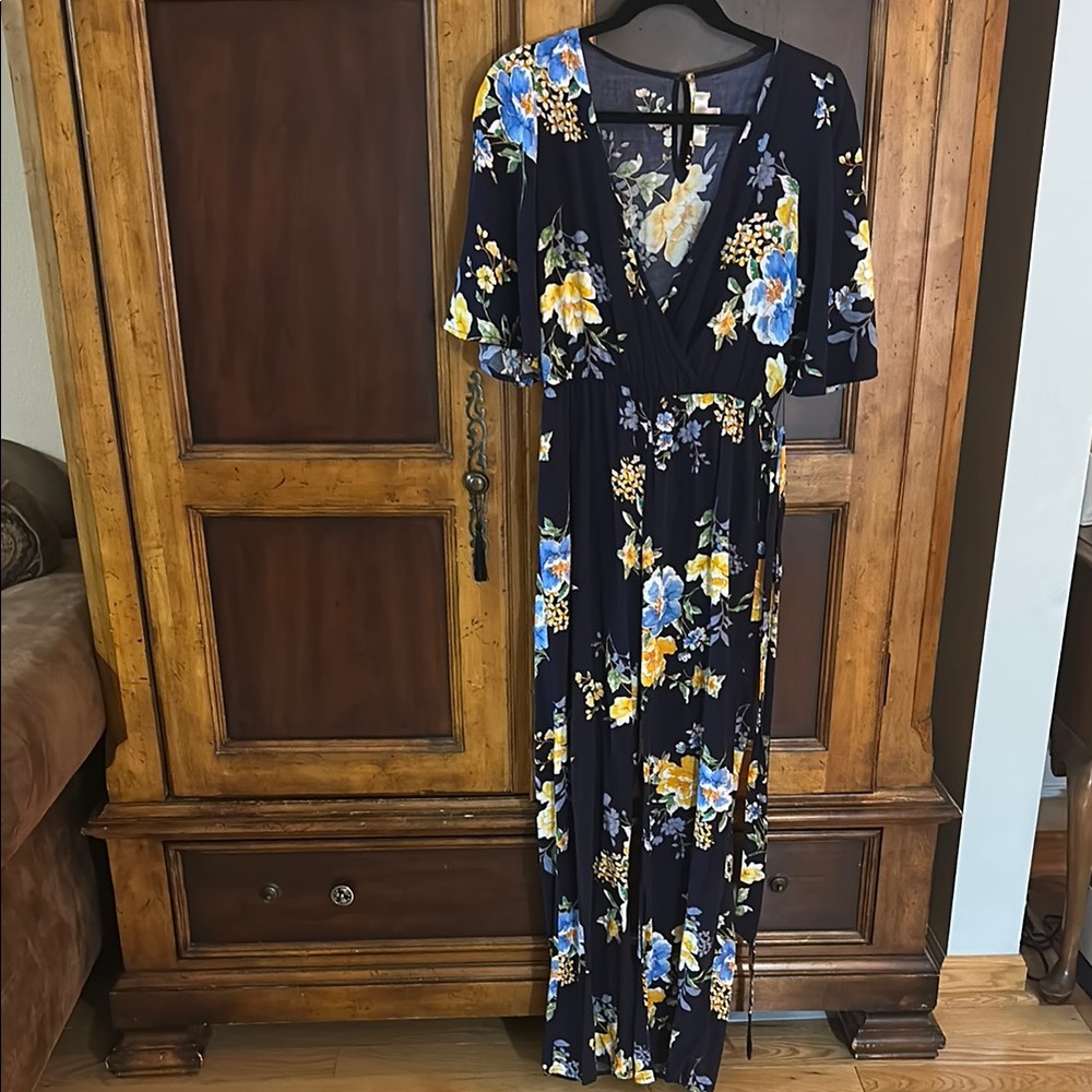 Navy Floral V-Neck Maxi Jumpsuit with Yellow & Blue Blooms